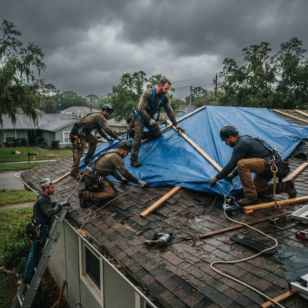 Roofing crew securing a blue emergency tarp on a storm-damaged roof