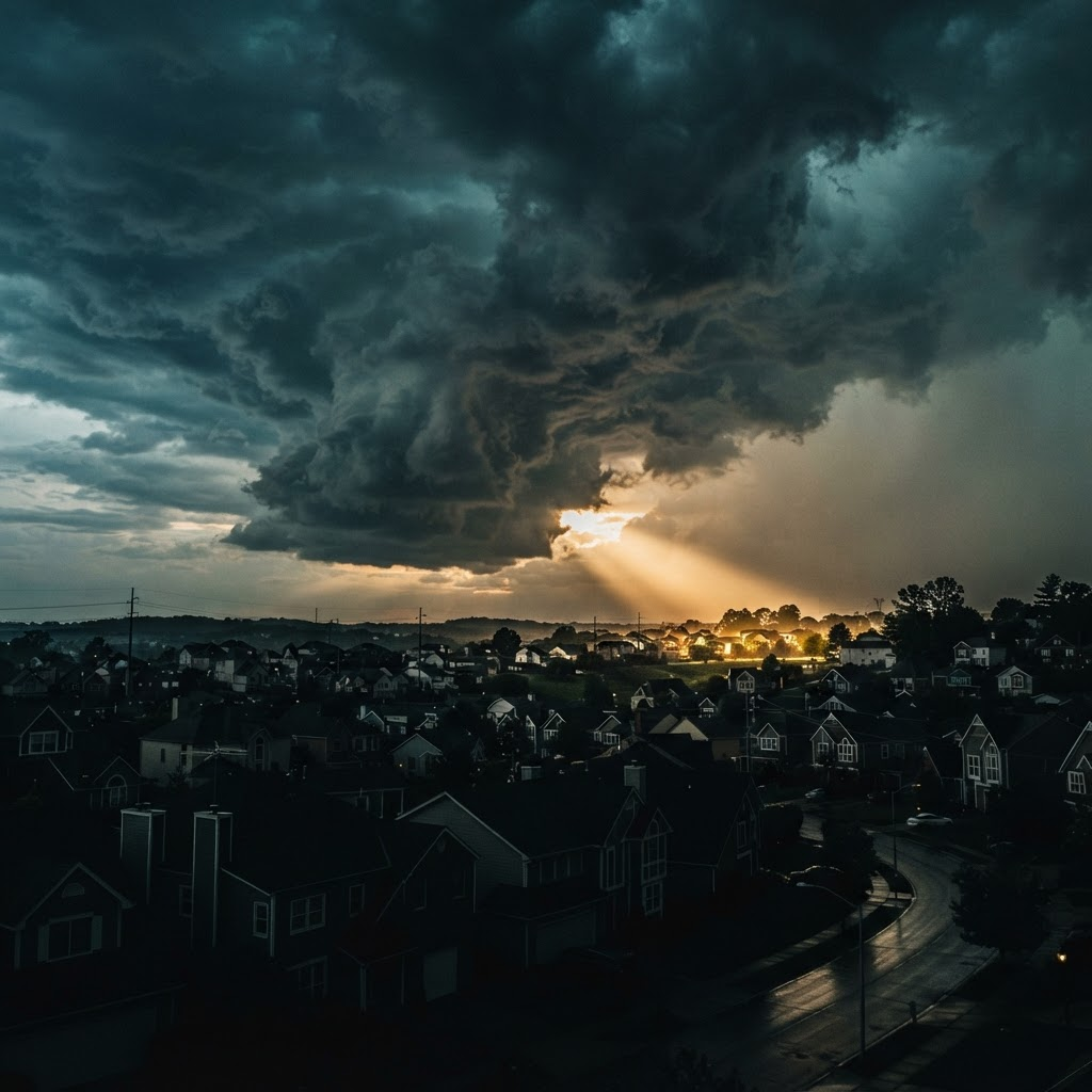 Neighborhood rooflines beneath a dramatic storm sky