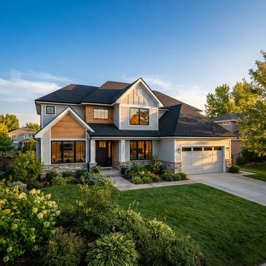 Freshly installed architectural shingle roof under a clear sky