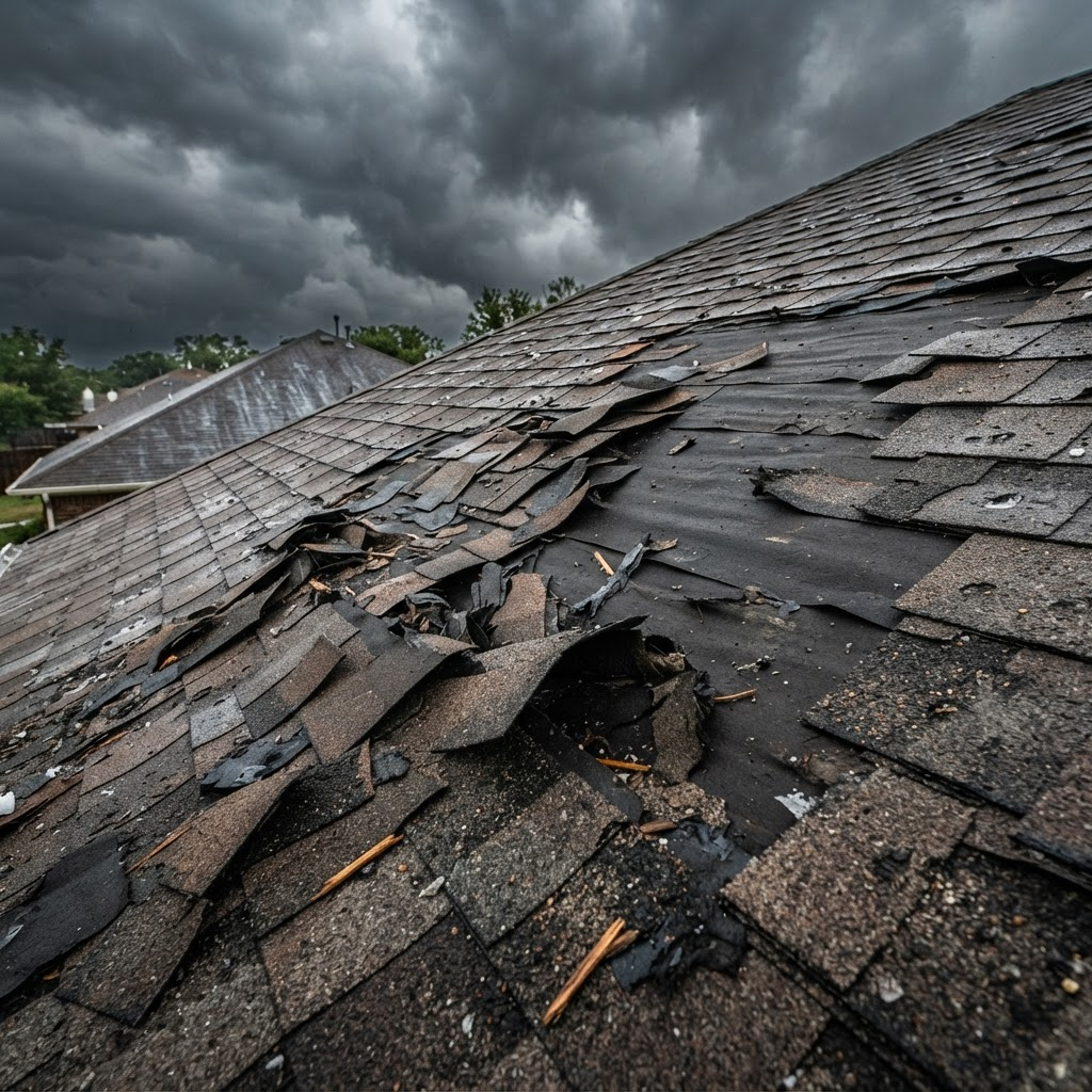Close-up of hail and wind damage on an asphalt shingle roof